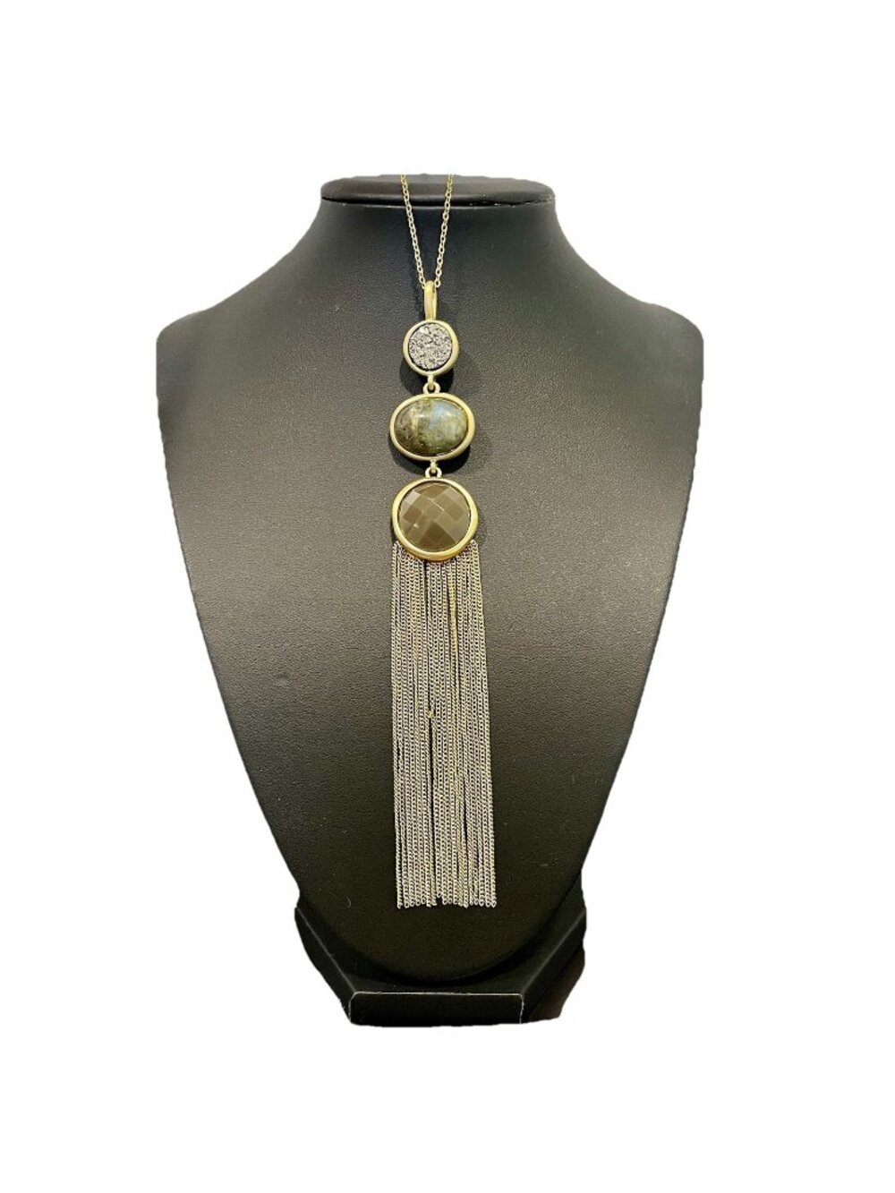 Loft gold tone tassel faux stone necklace Modern Fringe Labradorite